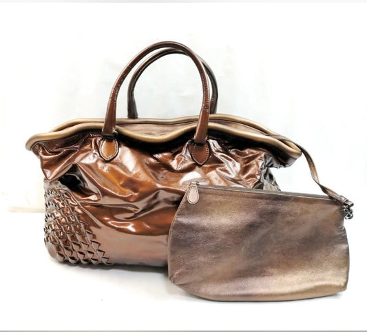 Bottega Veneta Open Tote Patent with Intrecciato Detail Large