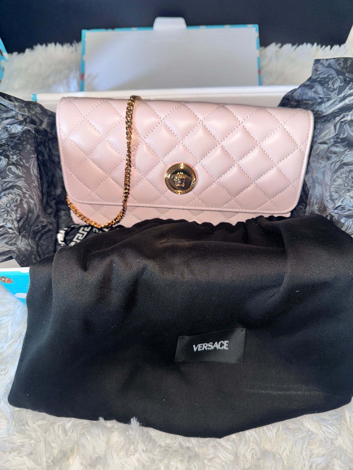 Versace Pink Quilted Lamb Nappa Leather Wallet on Chain