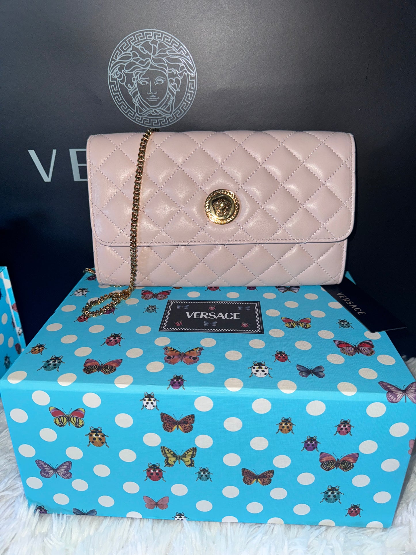 Versace Pink Quilted Lamb Nappa Leather Wallet on Chain