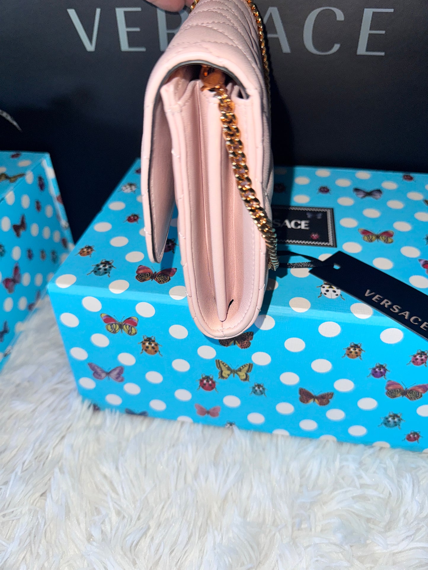 Versace Pink Quilted Lamb Nappa Leather Wallet on Chain