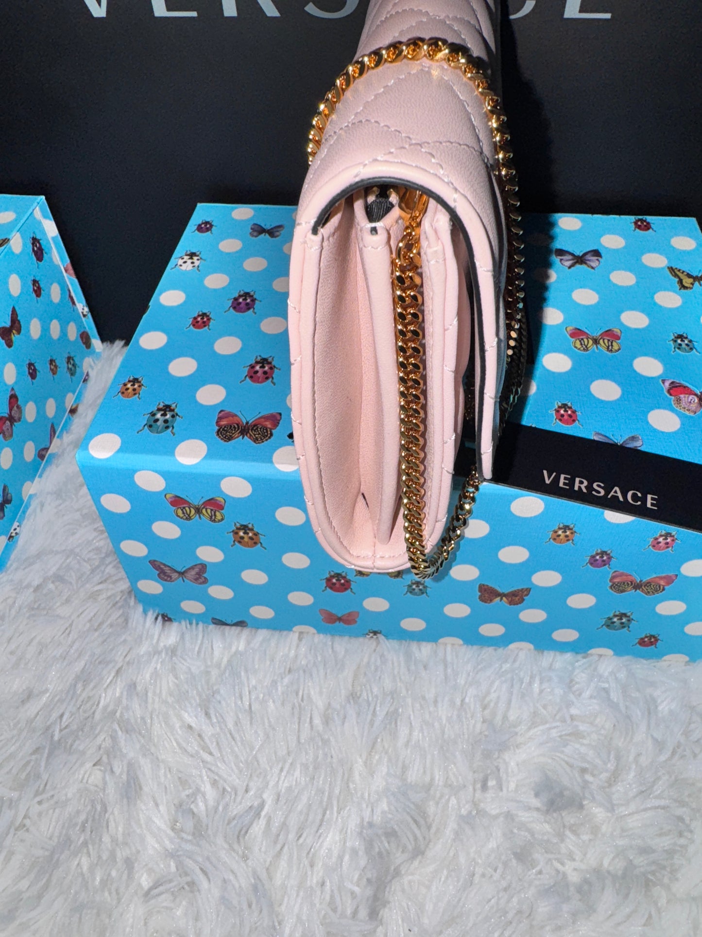 Versace Pink Quilted Lamb Nappa Leather Wallet on Chain