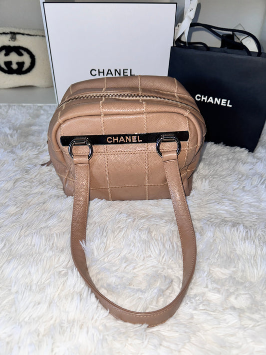 Chanel Small Beige Quilted Caviar Square Stitch Bowler Bag
